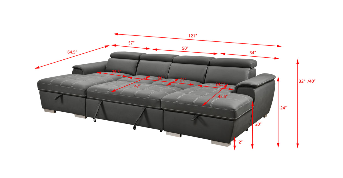 U Shaped Sleeper Sofa, 121 Inch Overisze 2 In 1 Pull Out Bed, Sectional Sleeper Sofa With Double Storage Chaise For Living Room Furniture, Charcoal Grey Light Brown Wood Primary Living Space Medium Duty Eucalyptus 6 Seat Charcoal Grey Polyester Soft