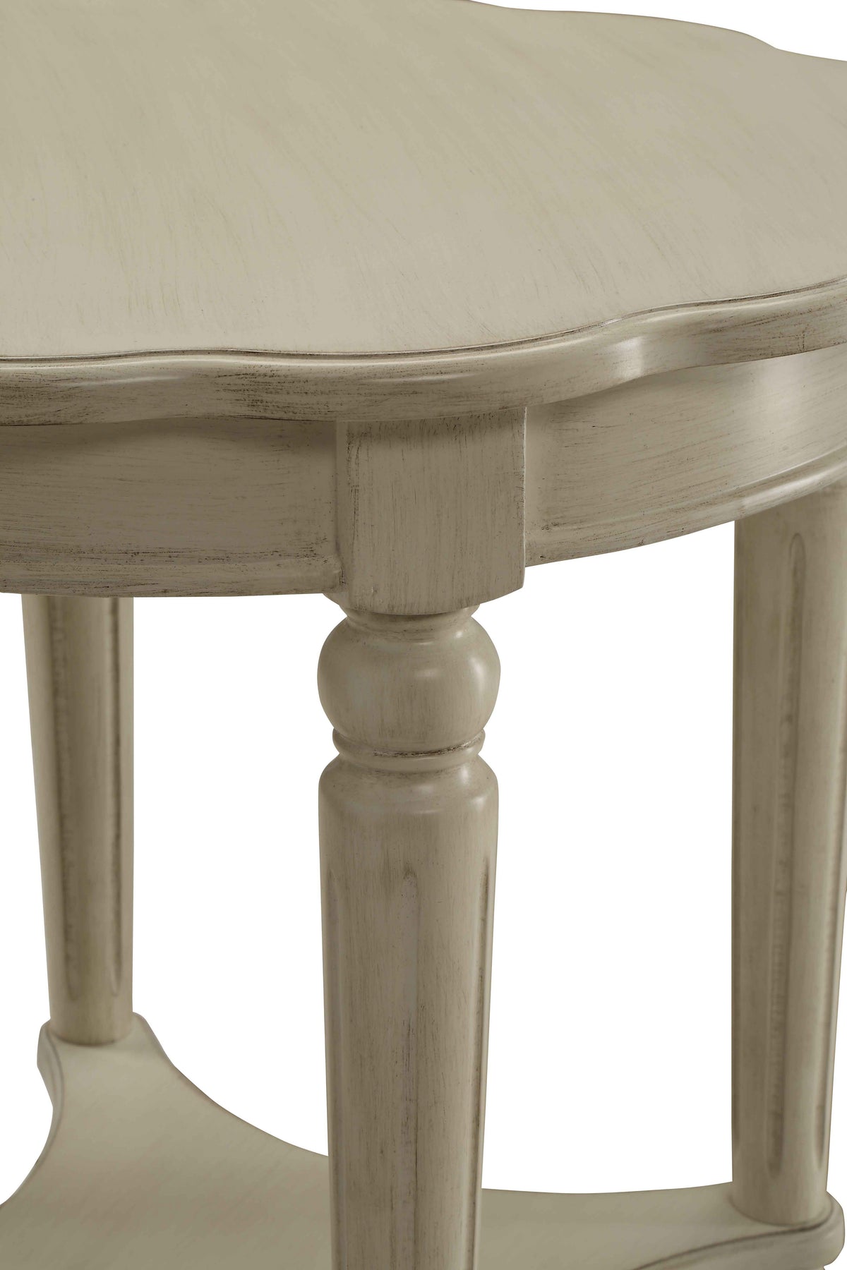 Antique White End Table With Bottom Shelf Antique White Primary Living Space Shelves Round Wood Metal