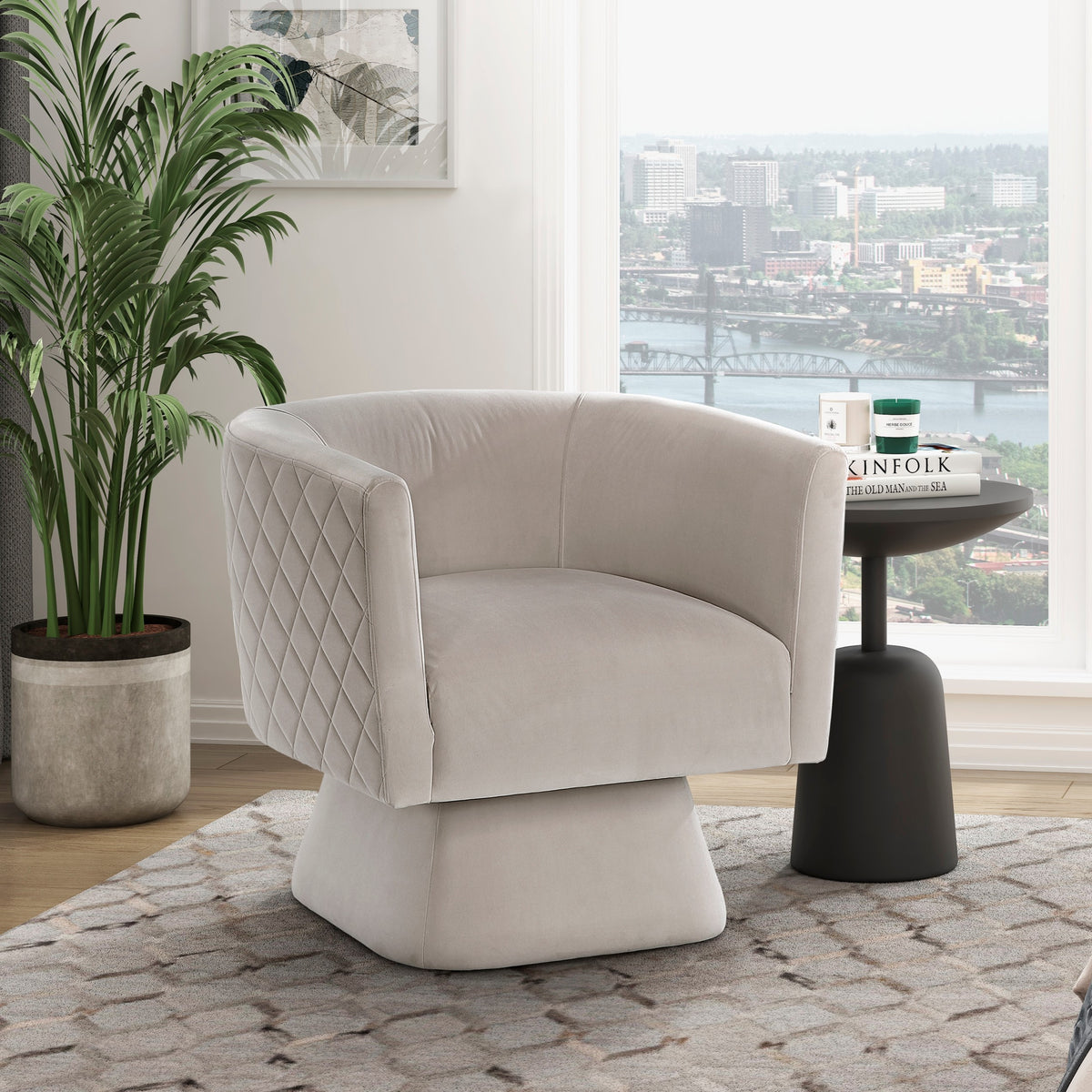 1Pc Swivel Chair Taupe Velvet Fabric Upholstery Solid Wood Diamond Pattern Stitched Back Comfort Chair Living Room Furniture Taupe Primary Living Space Contemporary Plywood,Solid Wood