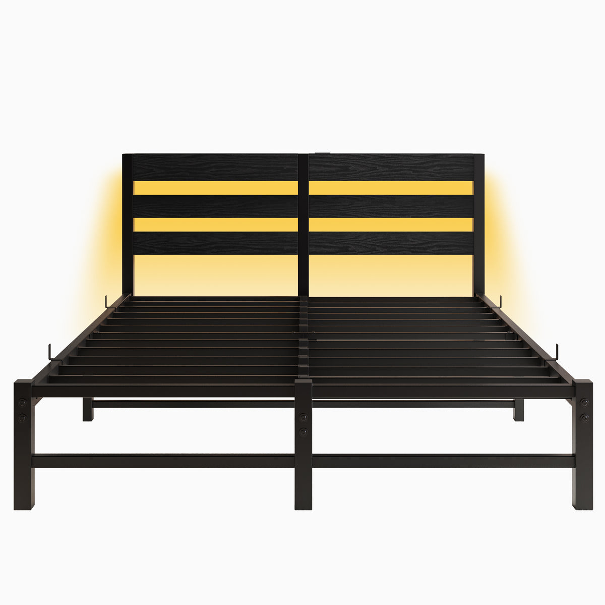 Queen Size Metal Bed Frame With Wooden Headboard, Rgb Lights, Charger, Storage Shelf, Noise Free, No Box Spring Needed, Black Box Spring Not Required Queen Black Metal Bedroom Bed Frame Metal & Wood