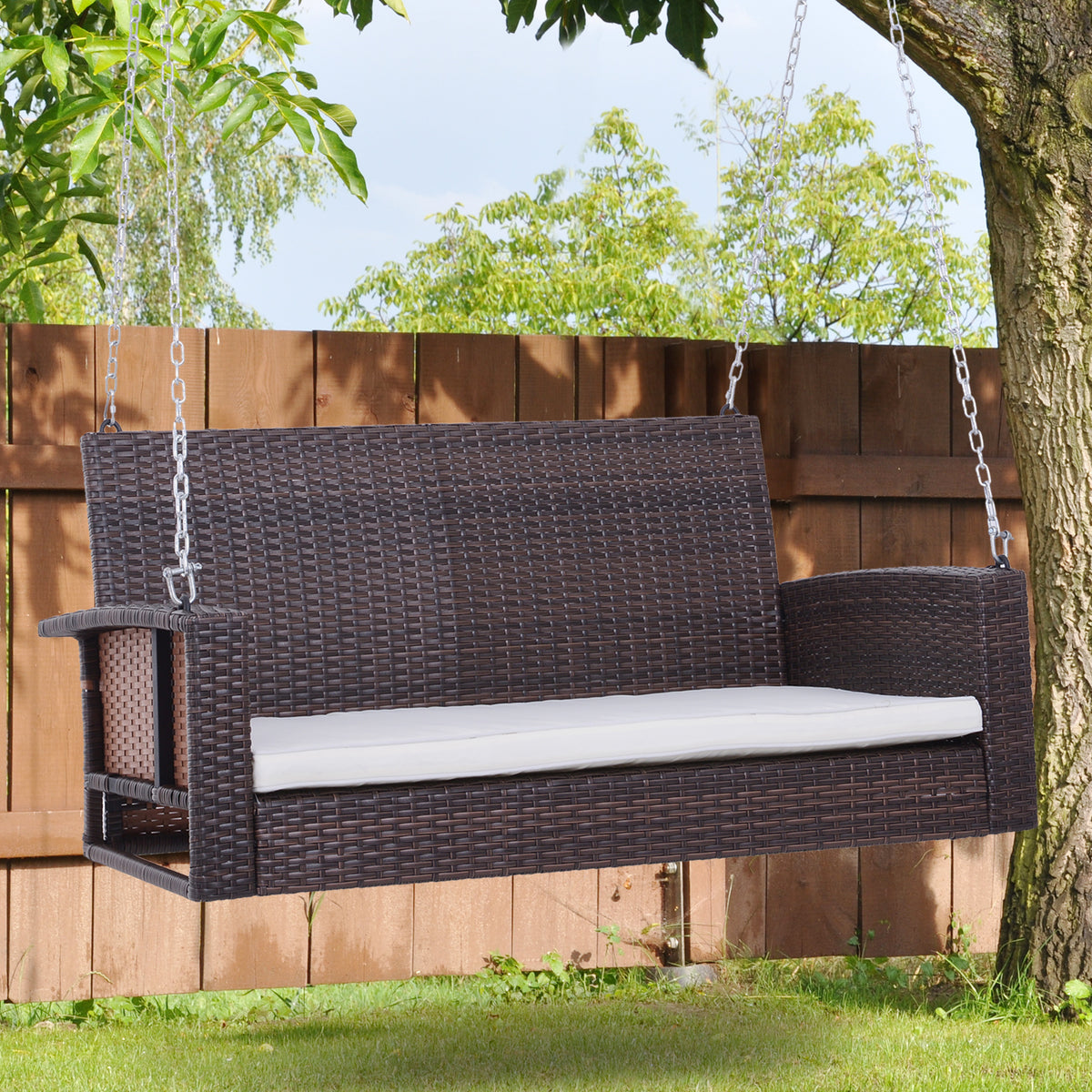Outsunny 2 Person Wicker Hanging Swing Bench, Front Porch Swing Outdoor Chair With Cushions 550 Lbs. Weight Capacity For Backyard, Garden, Cream White Brown Rattan Metal
