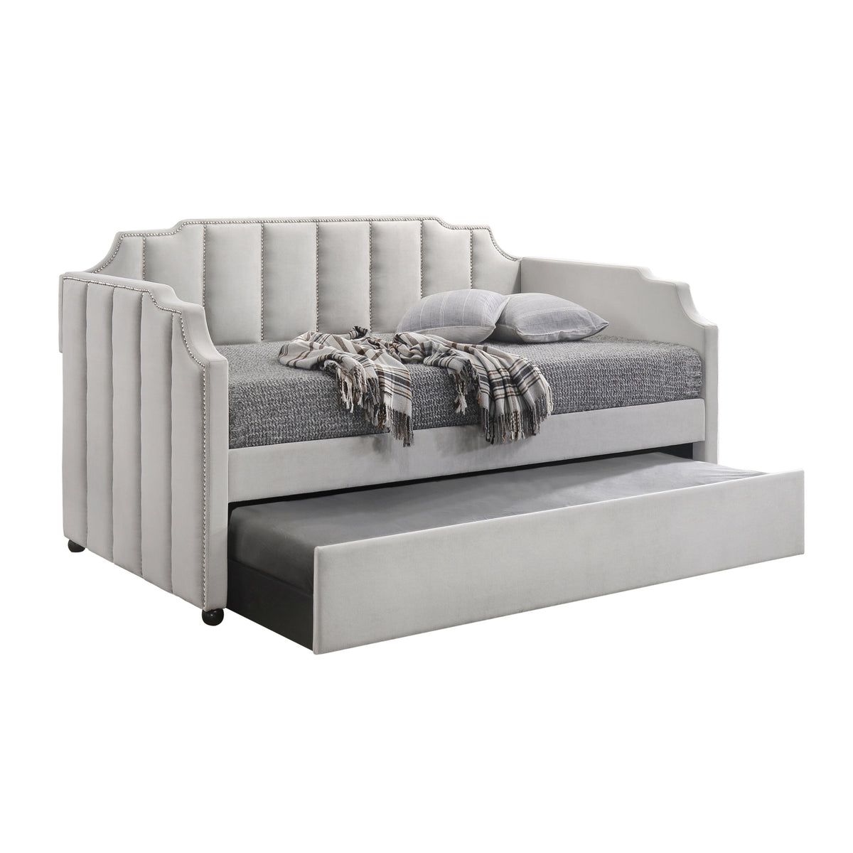 Dove Grey Tufted Back Twin Daybed With Trundle Box Spring Not Required Twin Grey Wood Gray Traditional Velvet
