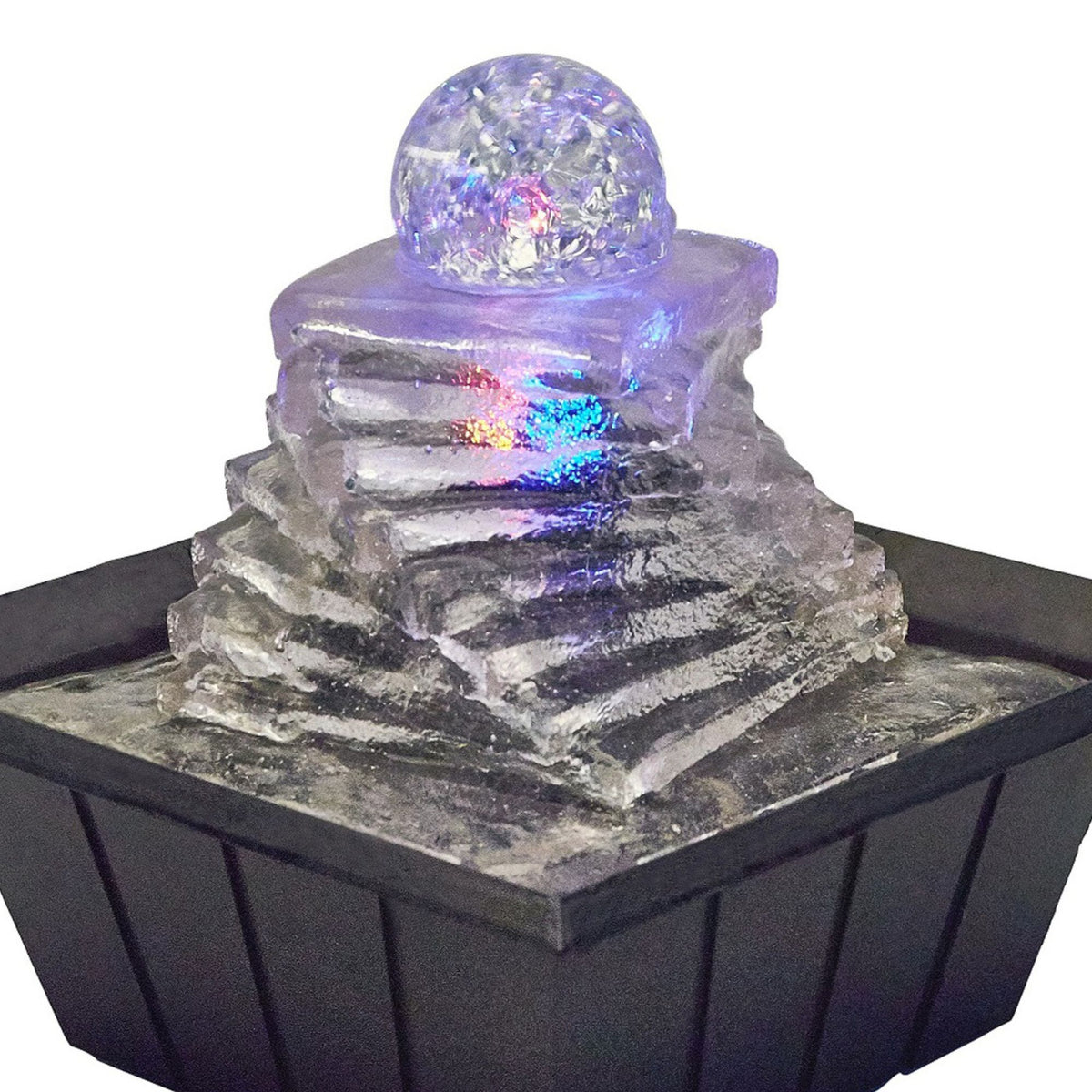 8" Tall Polyresin Indoor Fountain, Led Light And 1L Capacity, Spiral Ice Design Clear Polyresin