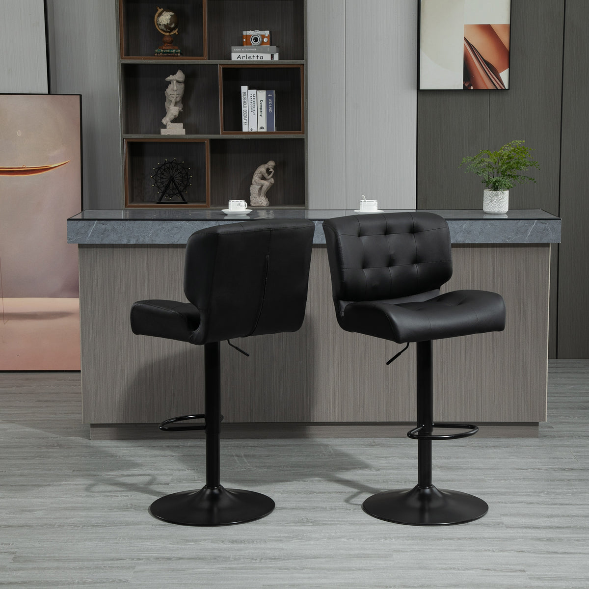 Homcom Bar Height Bar Stools Set Of 2 With Adjustable Seat, Thick Padded Cushion And Metal Footrest For Home Bar, Black Black Metal