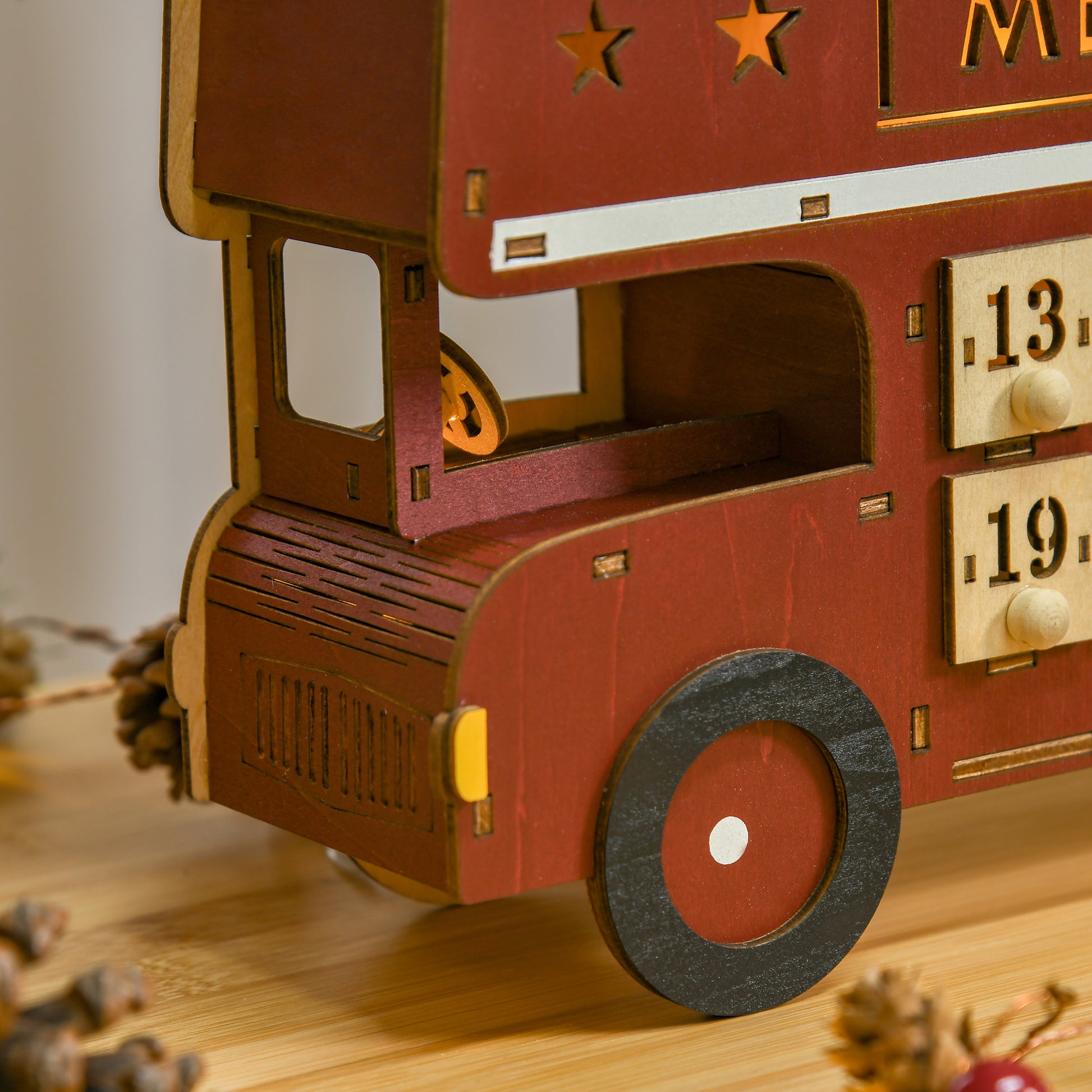 Homcom Christmas Advent Calendar, Light Up Table Xmas Wooden Bus Holiday Decoration With Countdown Drawer, Santa Claus Street House, For Kids And Adults Red Plywood