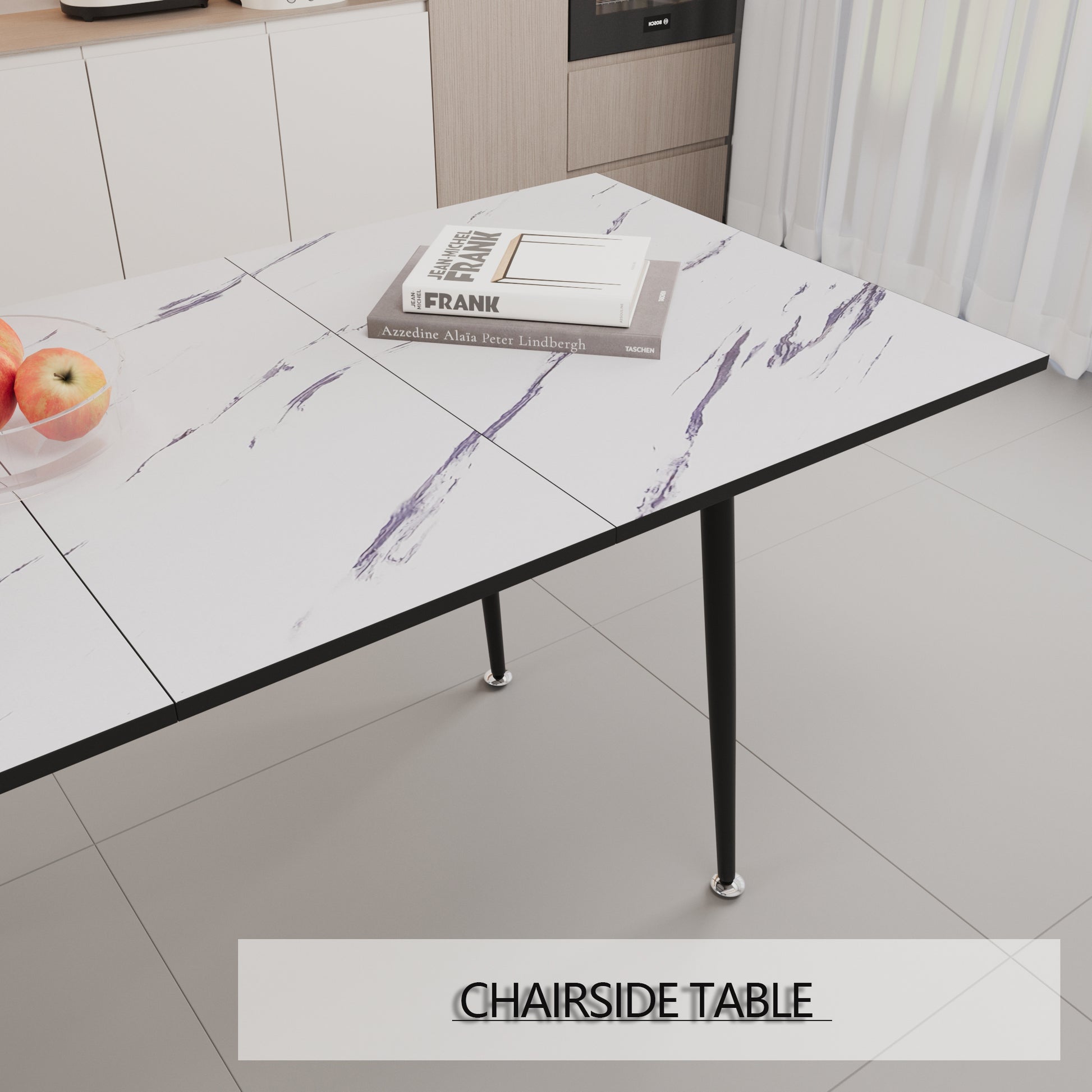 63" Mdf Square White Marble Pattern Stretchable Dining Table, Modern Industrial Kitchen And Dining Table, Equipped With Tapered Black Metal Legs White Mdf