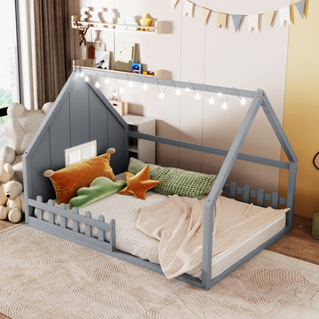 Full Size Wood House Bed With Window And Fence, Gray Old Sku: Wf304147Aae Box Spring Not Required Full Gray Wood Bedroom Pine Bed Frame Solid Wood Mdf