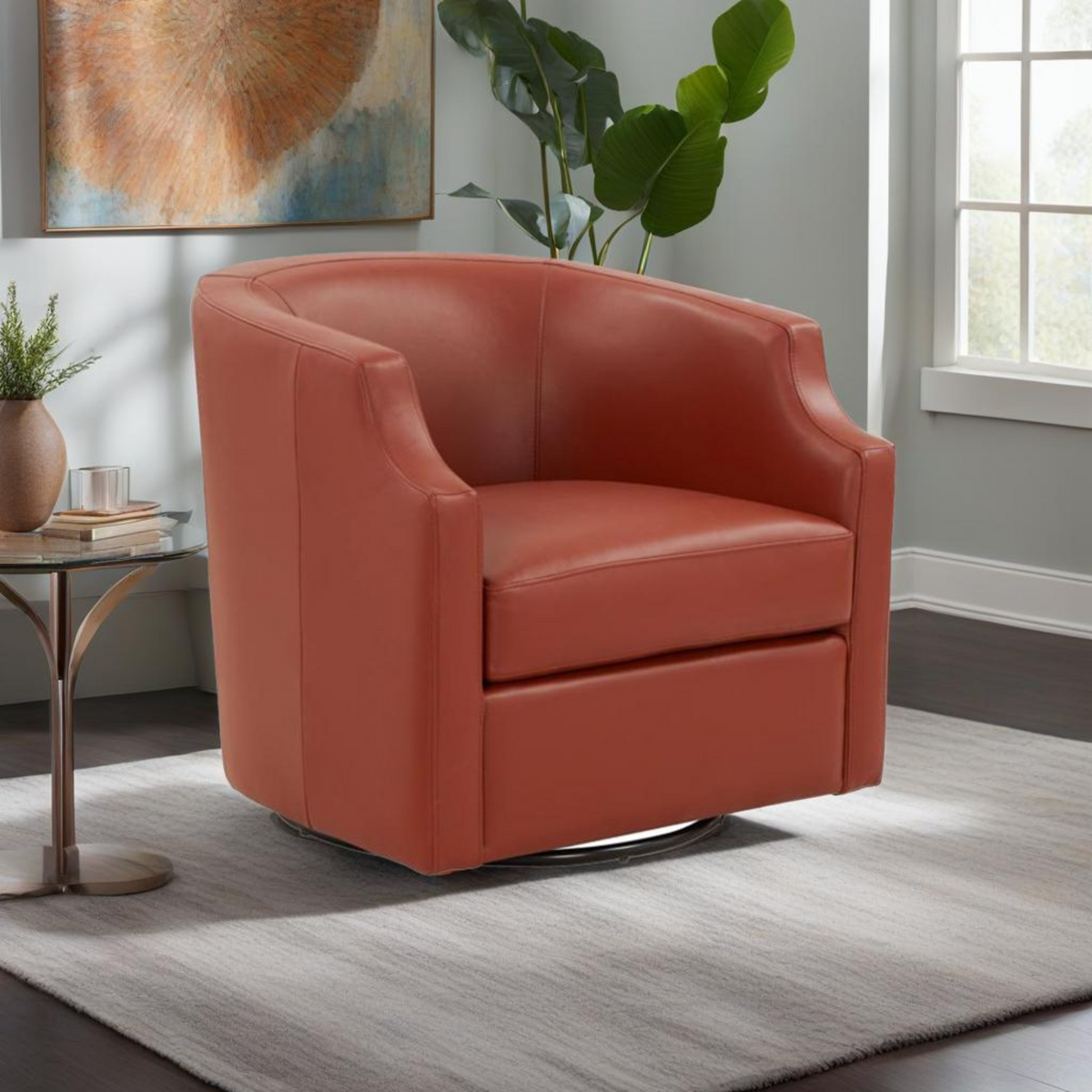 Emmett Caramel Top Grain Leather Swivel Glider Barrel Chair Caramel Foam Leather