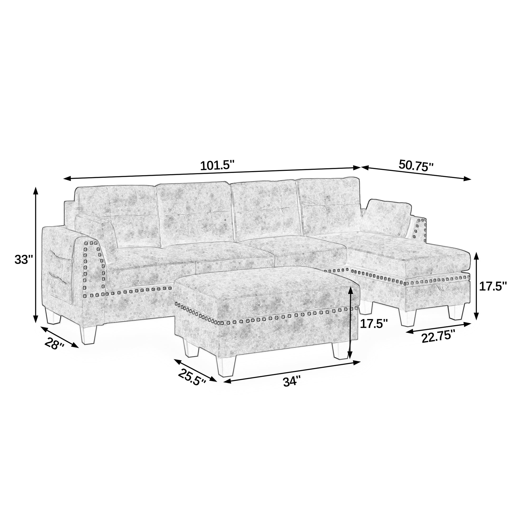 Sectional 3 Seaters Sofa ,Double Sided Multi Functional Footstool, Storage Matnon Slip Leg, Two Pillows, Velvet, Light Grey Light Grey Velvet 3 Seat