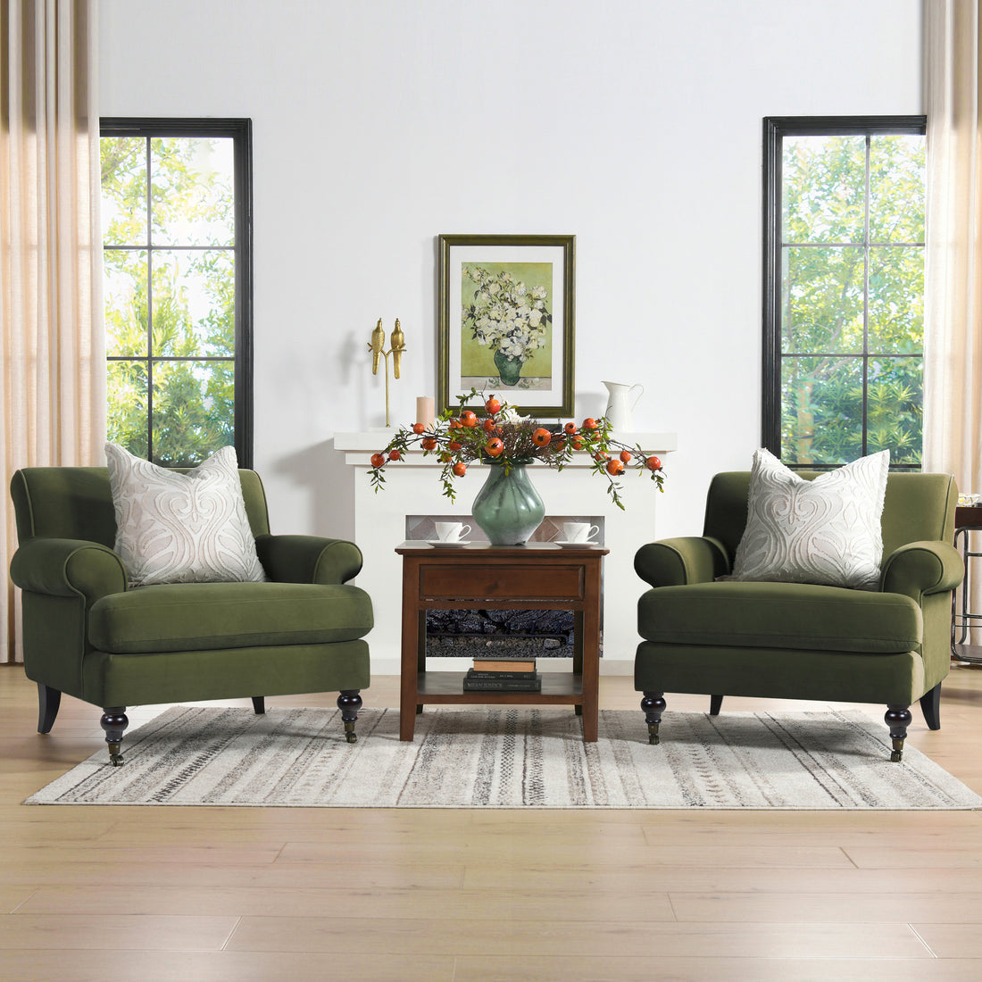 Alana 38" Lawson Accent Arm Chair Metal Casters, Olive Green Performance Velvet Olive Green Foam Velvet