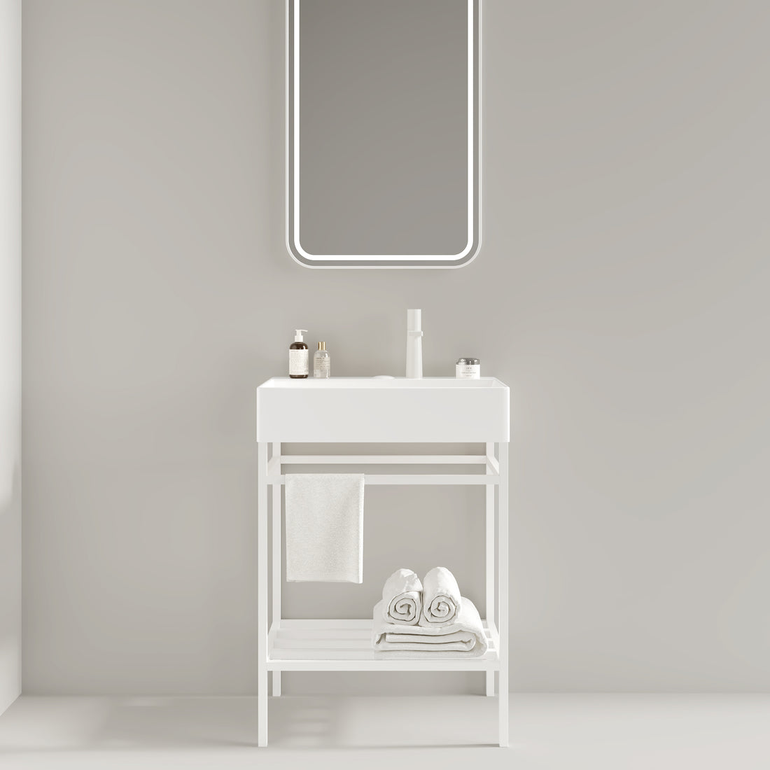 Lofi 24" Bathroom Vanity With Ceramic Basin, Freestanding Bathroom Console Sink Set, Glossy White Rectangular Ceramic Basin Without Faucet, Open Metal Leg, Storage Shelves, White White Bathroom