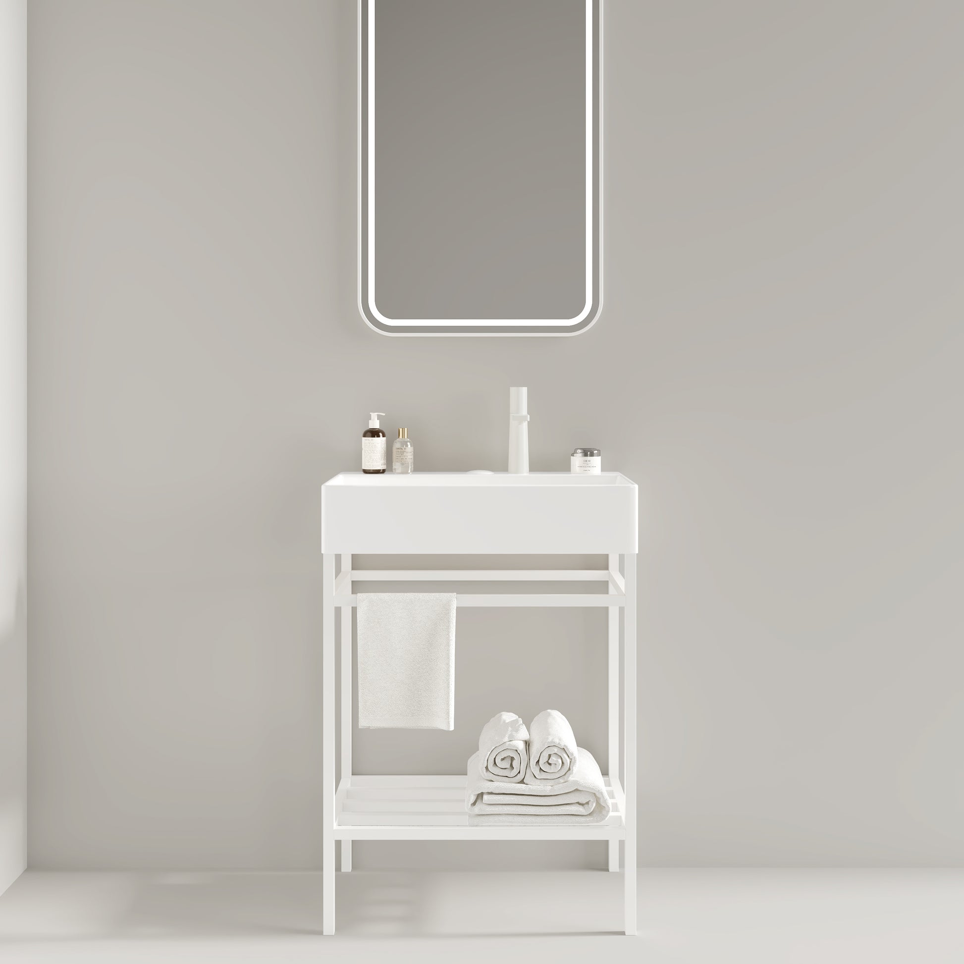 Lofi 24" Bathroom Vanity With Ceramic Basin, Freestanding Bathroom Console Sink Set, Glossy White Rectangular Ceramic Basin Without Faucet, Open Metal Leg, Storage Shelves, White White Bathroom