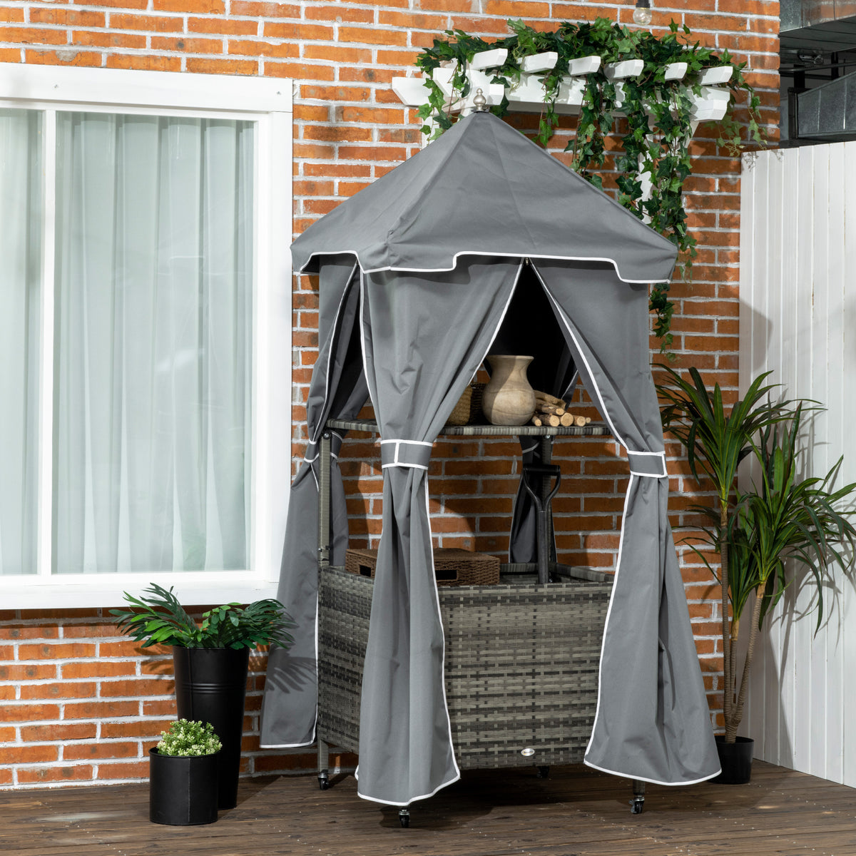 Outsunny Outdoor Towel Valet Caddy, Covered Poolside Towel Holder Rack, Shelf, Basket, Rolling Pe Rattan Wicker Storage On Wheels, Gray Gray Steel