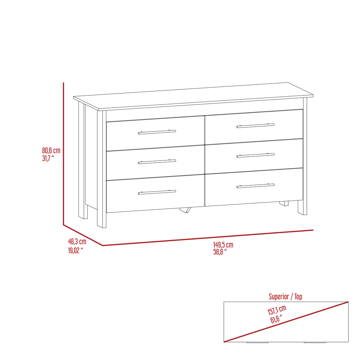 Double Dresser, Four Legs, 6 Drawer, Superior Top, Black Black Solid Wood Mdf Engineered Wood