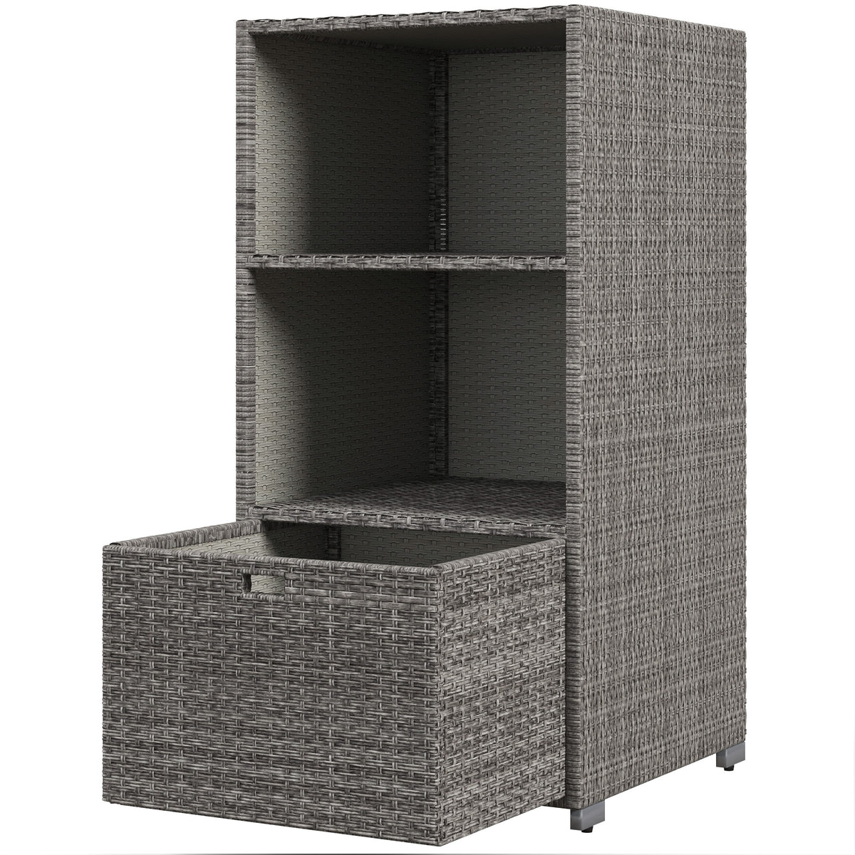 Outsunny Valet Pool Towel Rack, Waterproof Pe Plastic Rattan Wicker Storage Organizer, Indoor Outdoor Spa, And Hot Tub Accessory Storage, 2 Shelves, 1 Basket Drawer, Mixed Gray Dark Grey Rattan
