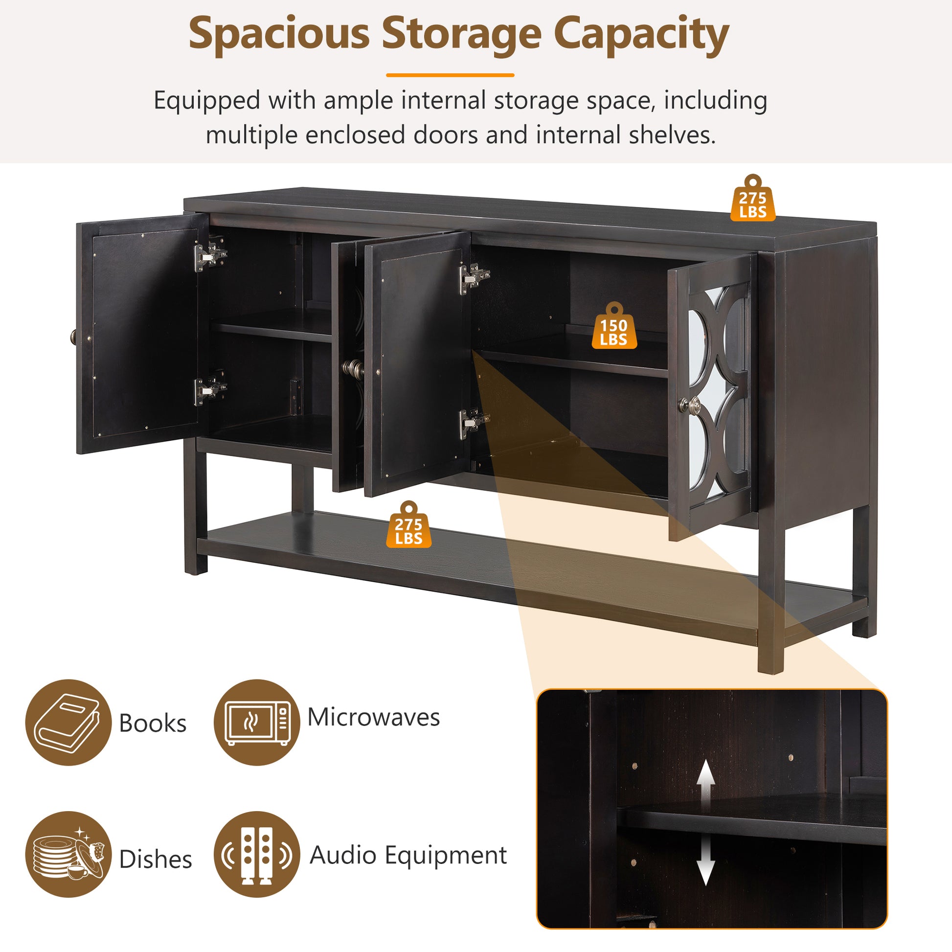 Elegant Retro Console Table Storage Cabinet Sideboard With Mirrored Doors, Spacious Shelves, And Durable Acacia Wood Legs Perfect For Living Room, Dining Room, Or Entryway Espresso Espresso Primary Living Space Solid Wood Mdf