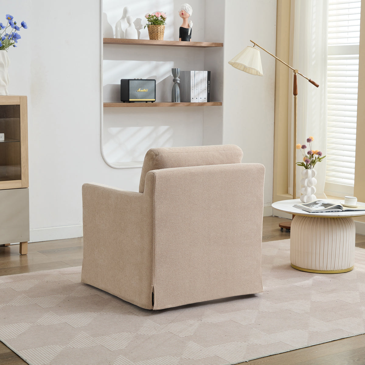 29.92'' Swivel Accent Chair, Upholstered Skirted Swivel Chair With Removable Back Cushion, 360 Degree Comfy Armchair For Living Room, Nursery, Lounge,Office,Wheat Chenille Wheat Chenille