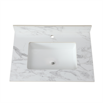 31"X22"Bathroom Vanity Top,Sintered Stone Carra White Barthroom Vanity Sink Tops With Rectangular Undermount Ceramic Sink With Vanity Backsplash, Single Faucet Hole Bathroom Vanity Countertop White