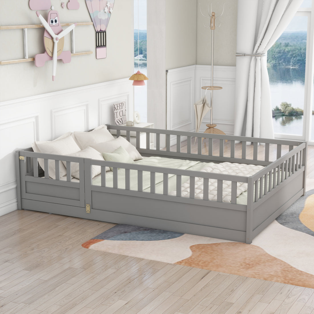 Full Size Floor Bed, Integral Construction With Super High Security Barrier, Door, Children'S Floor Bed Frame, Montessori Wooden Children'S Floor Bed, Support Slat Grey Box Spring Required Full Grey Wood Brown Bedroom American Design,Artsy Pine Bed Frame
