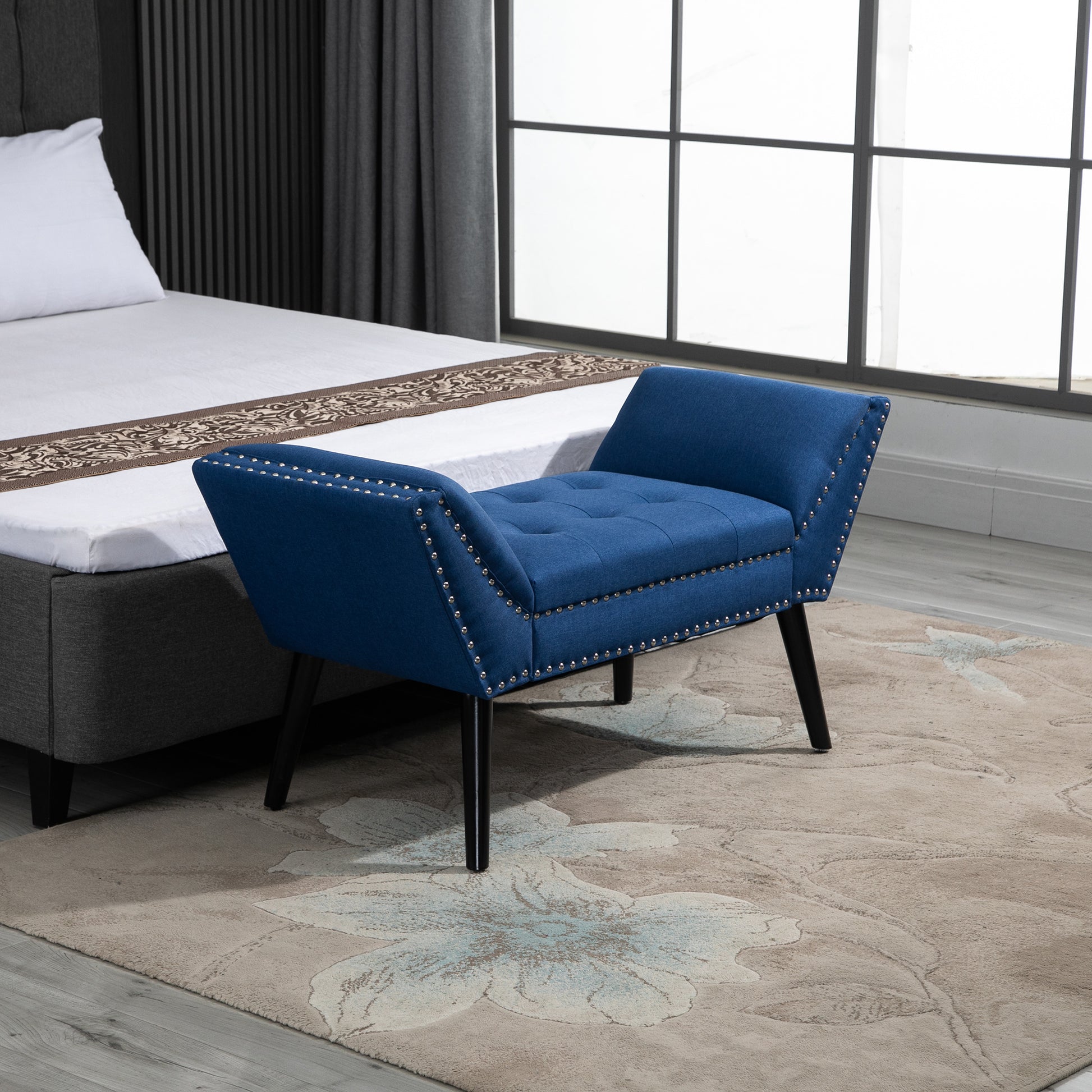 Homcom Modern Button Tufted Sitting Bench, Accent Fabric Upholstered Ottoman For Bedroom Or Living Room, Blue Blue Polyester