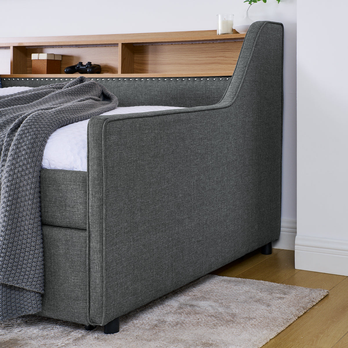 Twin Size Upholstery Sofa Bed With Three Led Lights, With Storage Adjustable Headboard, With Two Storage Pull Up Drawers And Wireless Charging, Linen Padded Sofa Bed Frame, Grey Box Spring Not Required Twin Grey Composite Bedroom Classic Eucalyptus Foam