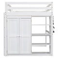 Wood Full Size Loft Bed With Built In Wardrobe And Storage Shelves, Led Light, White Box Spring Not Required Full White Wood Bedroom Bed Frame Solid Wood Mdf