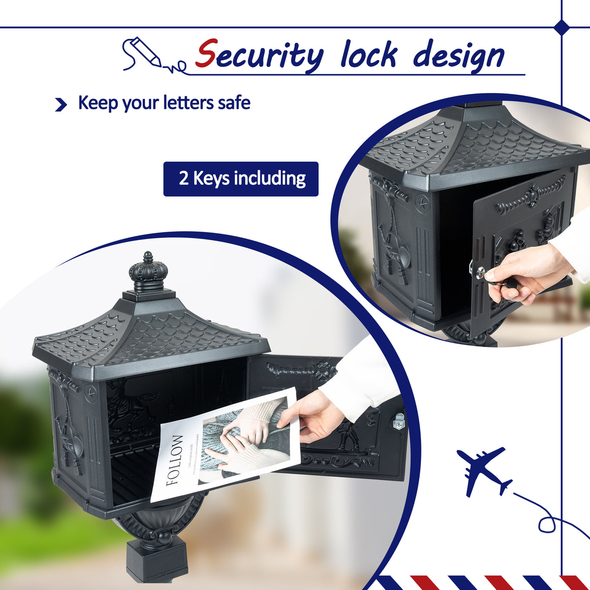 Mailbox Cast Aluminum Black Mail Box Postal Box Security Heavy Duty Black Aluminium