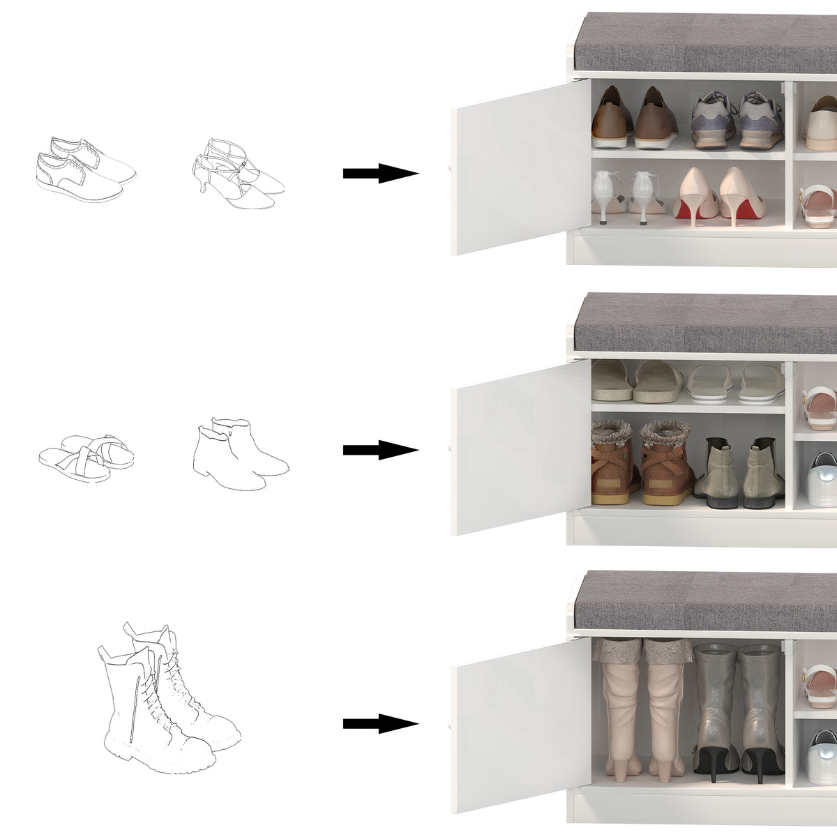 Shoe Storage Bench With 2 Door Cabinet, Entryway Bench With Shoe Storage, Shoe Bench With Cushion, Adjustable Shelves, Shoe Rack Bench For Entrance, Hallway, Bedroom, White Gray White Gray White