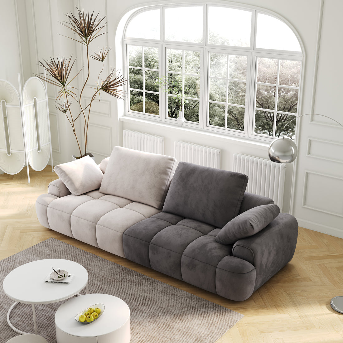 86.6 Large Size Two Seat Sofa,Modern Upholstered,Beige Paired With Grey Suede Fabric Beige Grey Velvet Wood Primary Living Space Soft Modern Eucalyptus Polyurethane Foam Eucalyptus 3 Seat