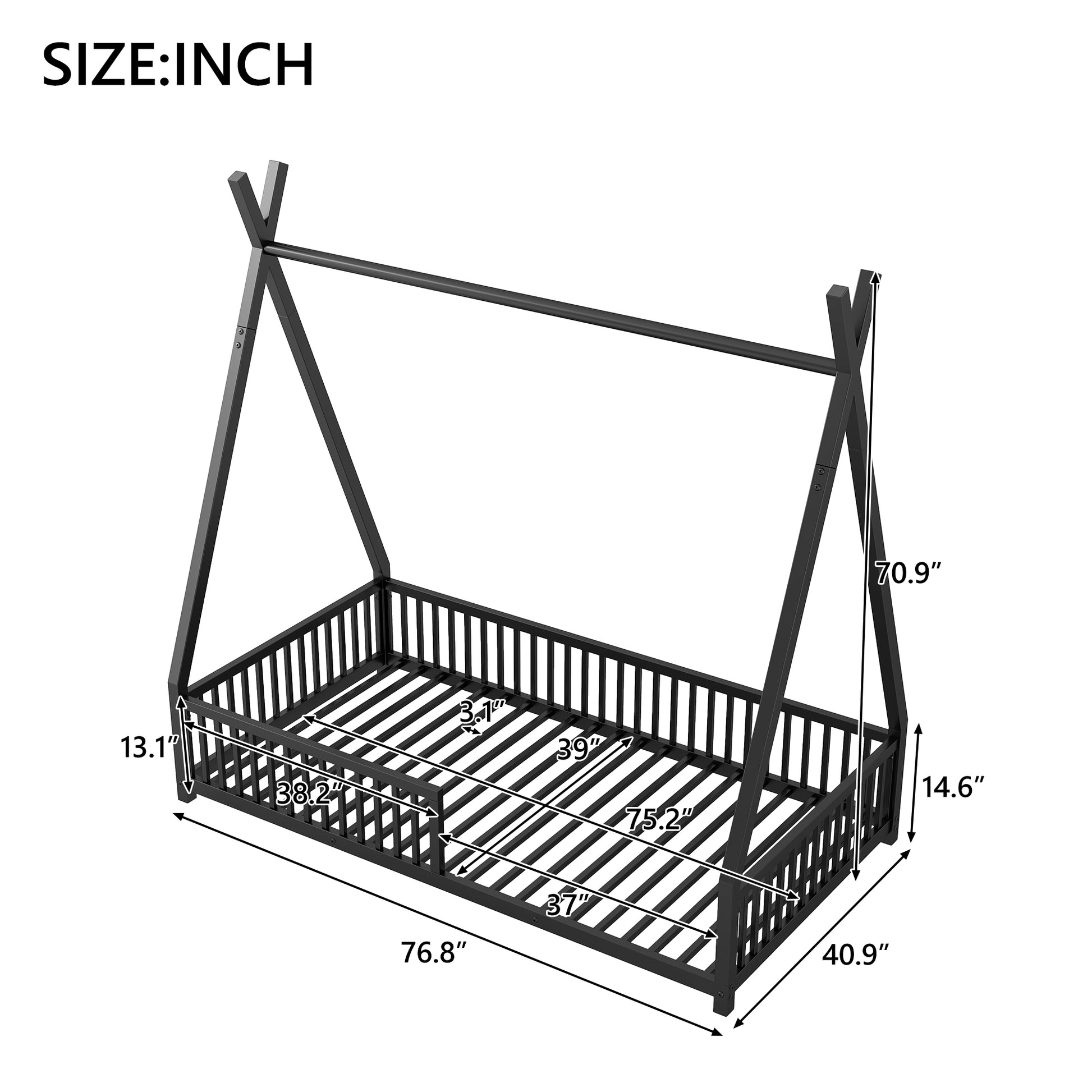 Metal Twin Size House Platform Bed With Triangle Structure And Guardrail, Black Box Spring Not Required Twin Black Metal Metal