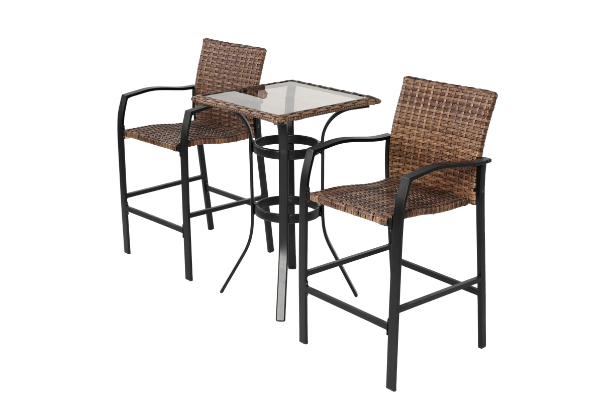 3 Pieces Outdoor Bar Stools Set,Rattan Bar Chairs,With Glass Table Top, Wicker Bar Stools For Backyard, Garden, Pool, Balcony And Deck, Brown Brown Steel
