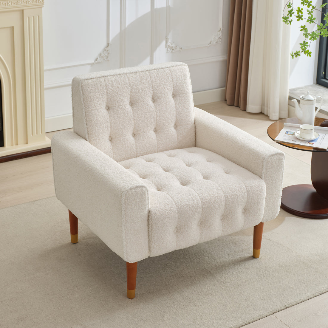 Mirod Classic Biscuit Style Accent Chair Comfortable Armrests, Soft Fabric, Elegant Solid Wood Legs With Gold Finish, Easy Assembly Beige Boucle