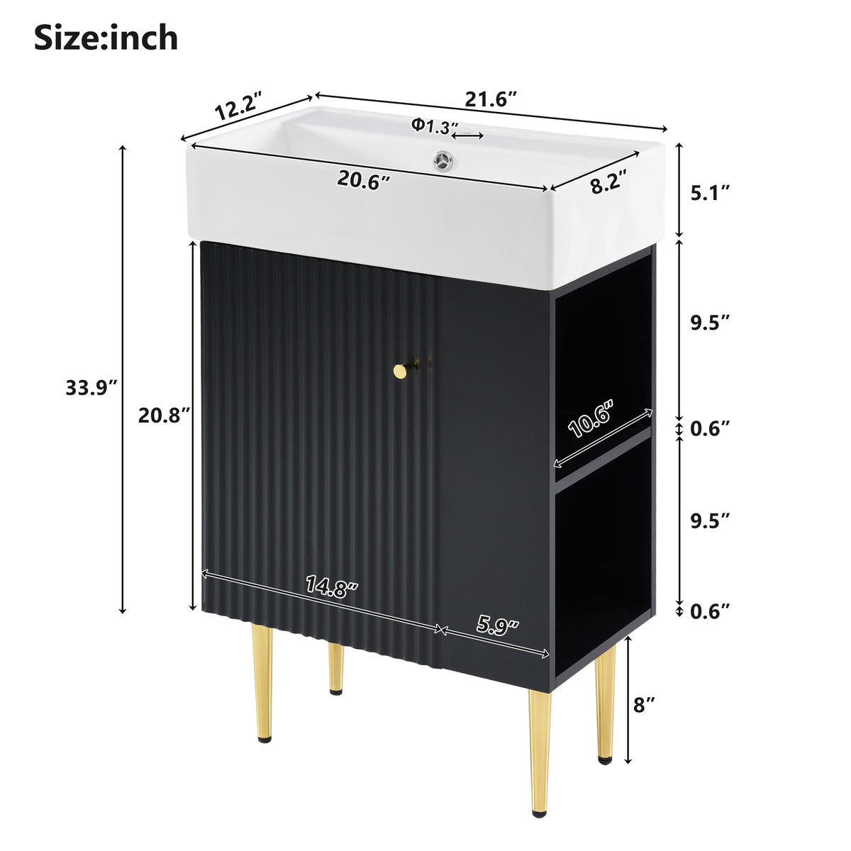 21.6" Black Bathroom Vanity, Combo Cabinet, Bathroom Storage Cabinet, Single Ceramic Sink, Right Side Storage Black Bathroom Ceramic Mdf