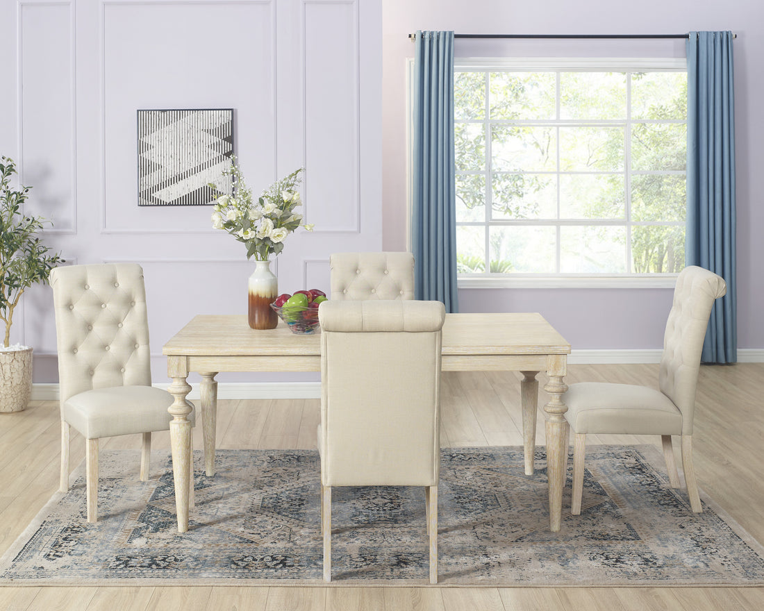 Amonia 5 Piece Dining Set, Turned Leg Dining Table With 4 Tufted Chairs Light Brown Wood Dining Room Fixed Table Rubberwood Rectangular Dining Table With Chair Wood Wood Beige Brown Seats 4 Rectangular 4 Leg Mdf