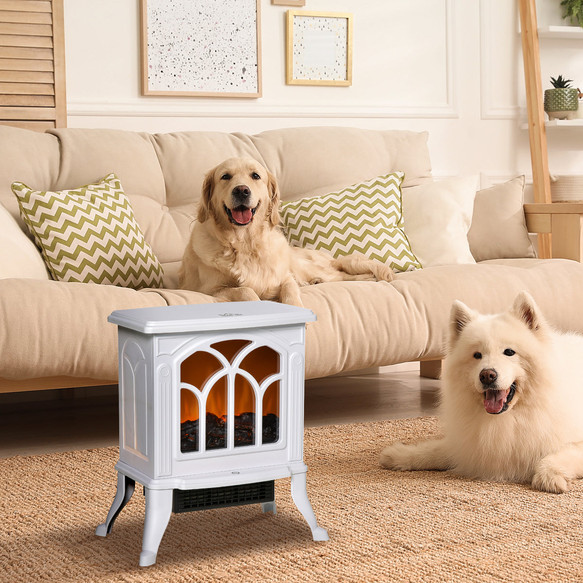 Homcom 17" Freestanding Electric Fireplace Stove, Fire Place Heater With Realistic Logs And Flame Effect And Overheat Protection, 750W 1500W, White White Plastic