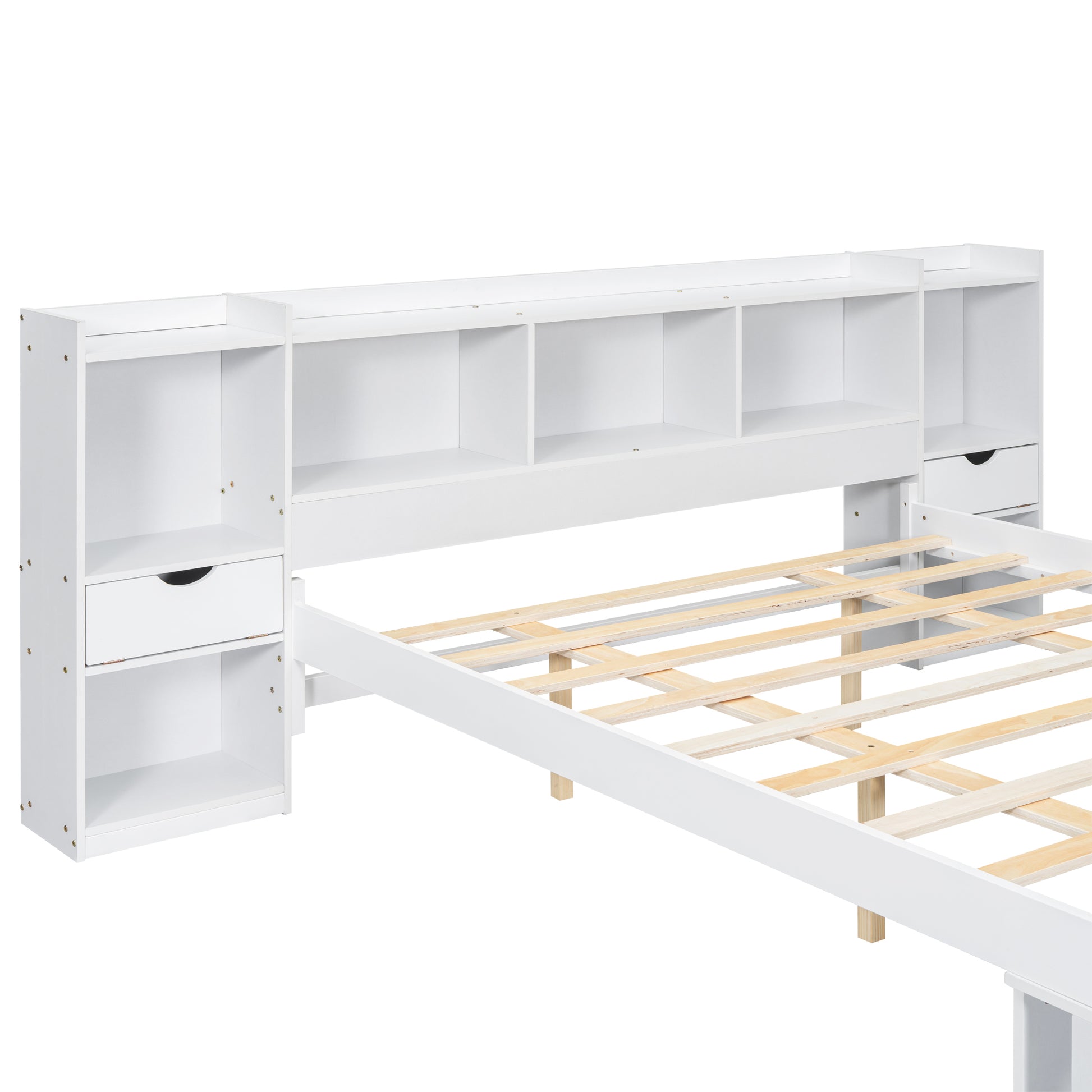 Queen Size Wood Platform Bed With Multi Storage Headboard And A Drawer, White Box Spring Not Required Queen White Wood Bedroom Bed Frame Solid Wood Mdf