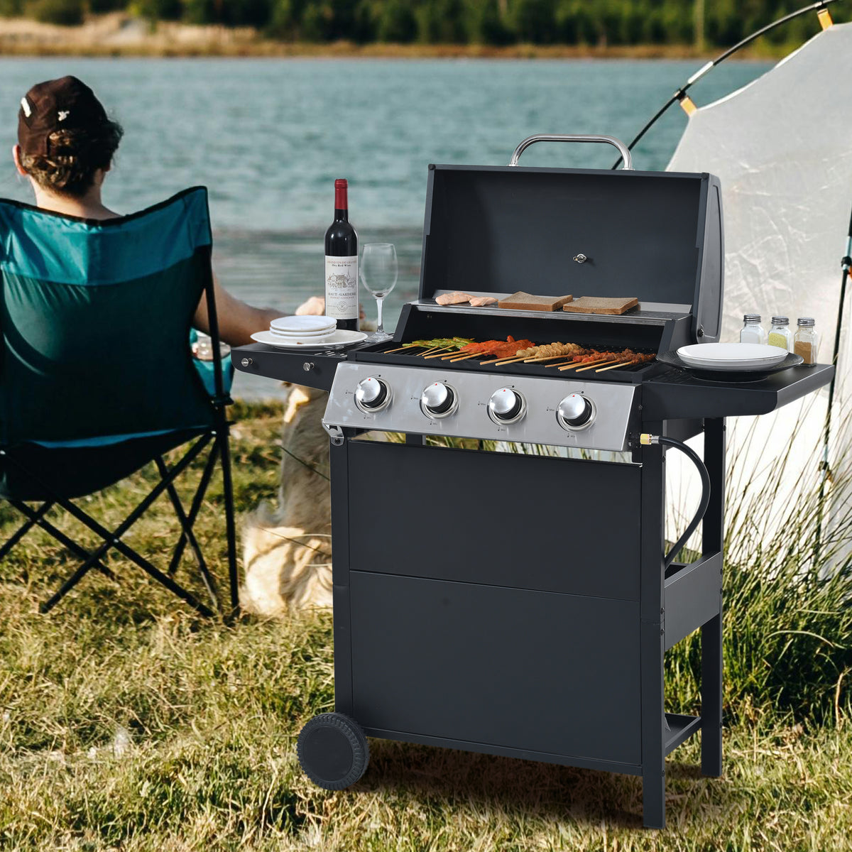 Propane Gas Grill 4 Burner Barbecue Grill, Stainless Steel 34,000 Btu Patio Garden Barbecue Grill With Two Shelves, Lid, Wheels And Bottle Opener Black Iron