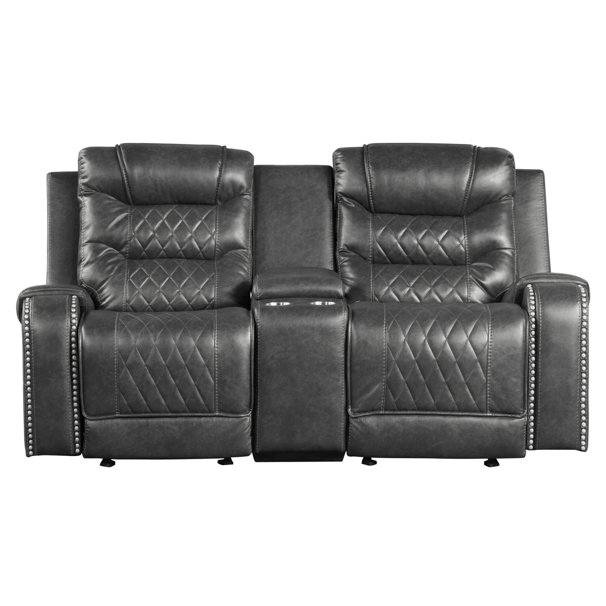Luxurious Living Room Furniture 2Pc Reclining Sofa Set Grayfaux Leather Upholstery Center Drop Down Cup Holders, Power Outlets, Usb Ports, Diamond Pattern Stitching Gray Faux Leather Wood Primary Living Space Luxury,Modern Solid Wood 5 Seat