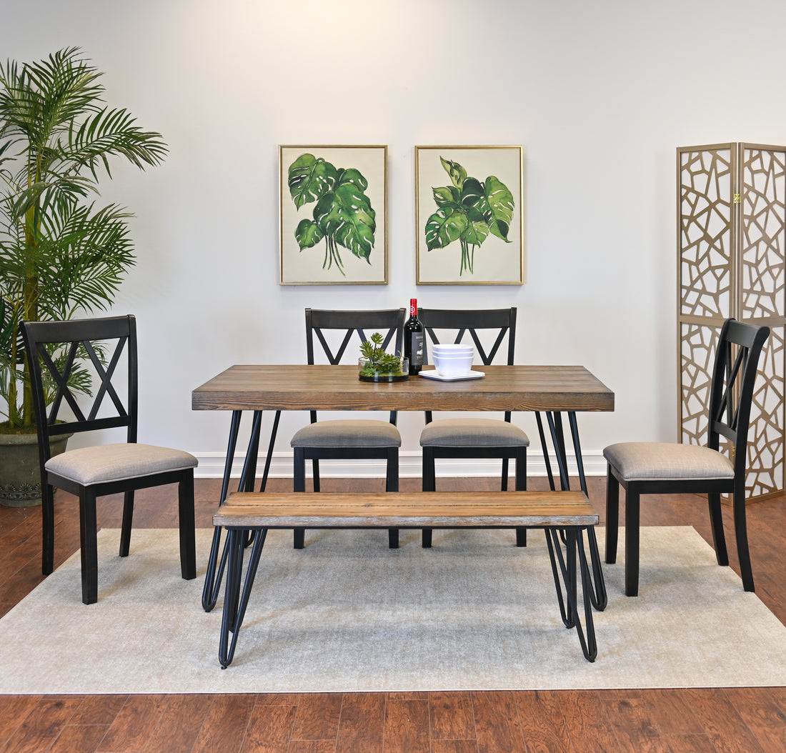 Arroyo 6 Piece Dining Set, Hairpin Dining Table With 4 Cross Back Chairs And Bench, Rich Black Brown Metal Dining Room Fixed Table Rubberwood Rectangular Dining Table With Chair And Bench Wood Wood Brown Seats 6 Rectangular 4 Leg Mdf
