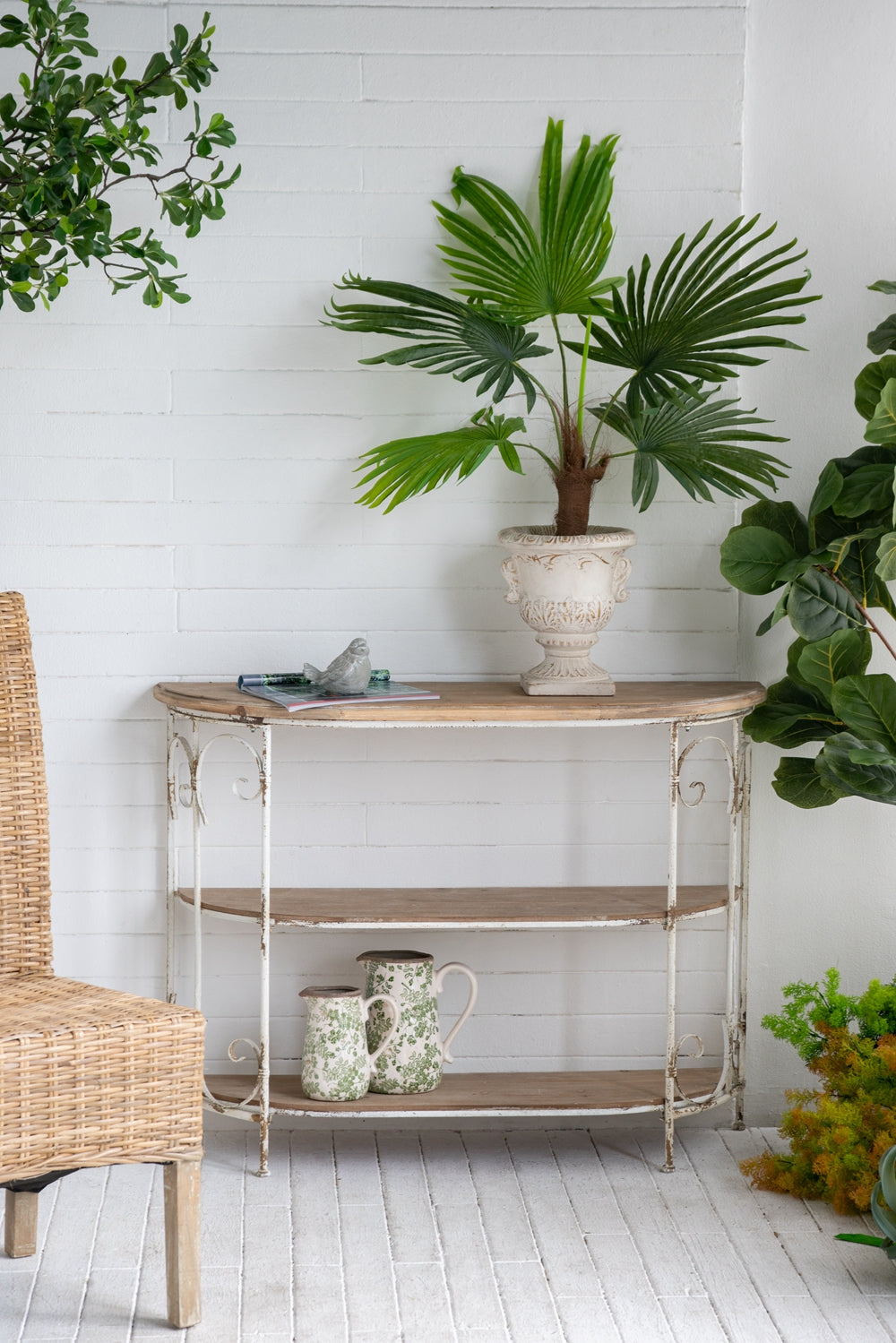 43.5X14X32" Three Tiered White Wooden Shelving Unit With Ornate Iron Frame Multicolor Antique,Boho,Farmhouse,French Country,Rustic Wood Metal
