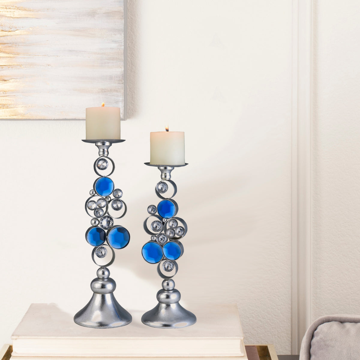 14" And 16" Tall Polyresin" Dazzle" Candleholder, Silver Finish Set Of 2 Multicolor Polyresin