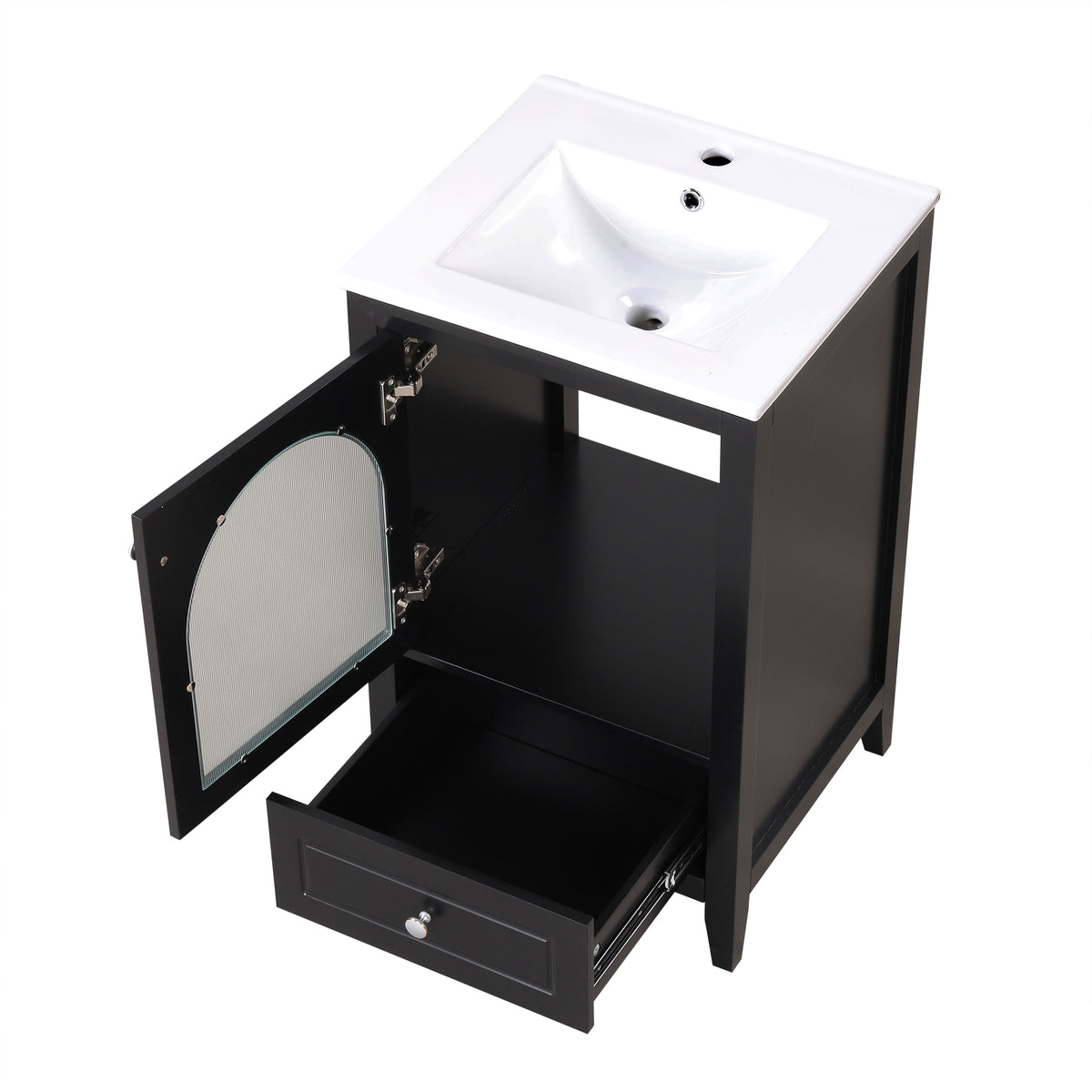 20" Bathroom Vanity With Sink, Bathroom Cabinet With Soft Closing Glass Door, A Drawer, Black Black Mdf