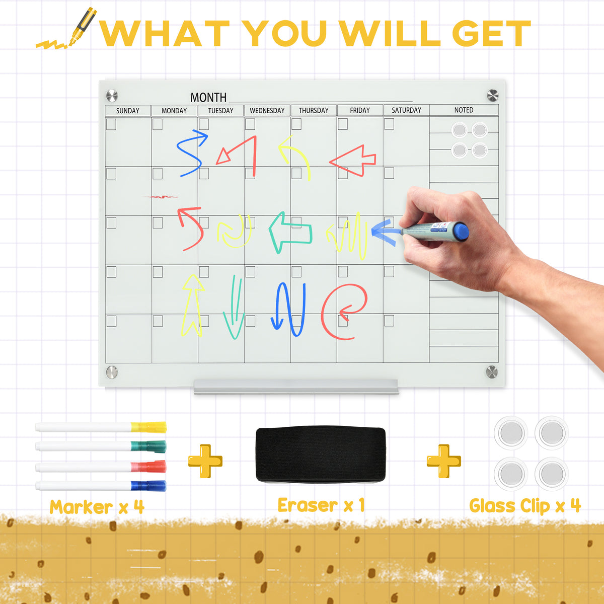 Vinsetto 35"X23" Dry Erase Wall Calendar Glass Whiteboard Monthly Planner For Homeschool Supplies & Home Office Organization With 4 Markers And 1 Eraser,Frameless White Glass