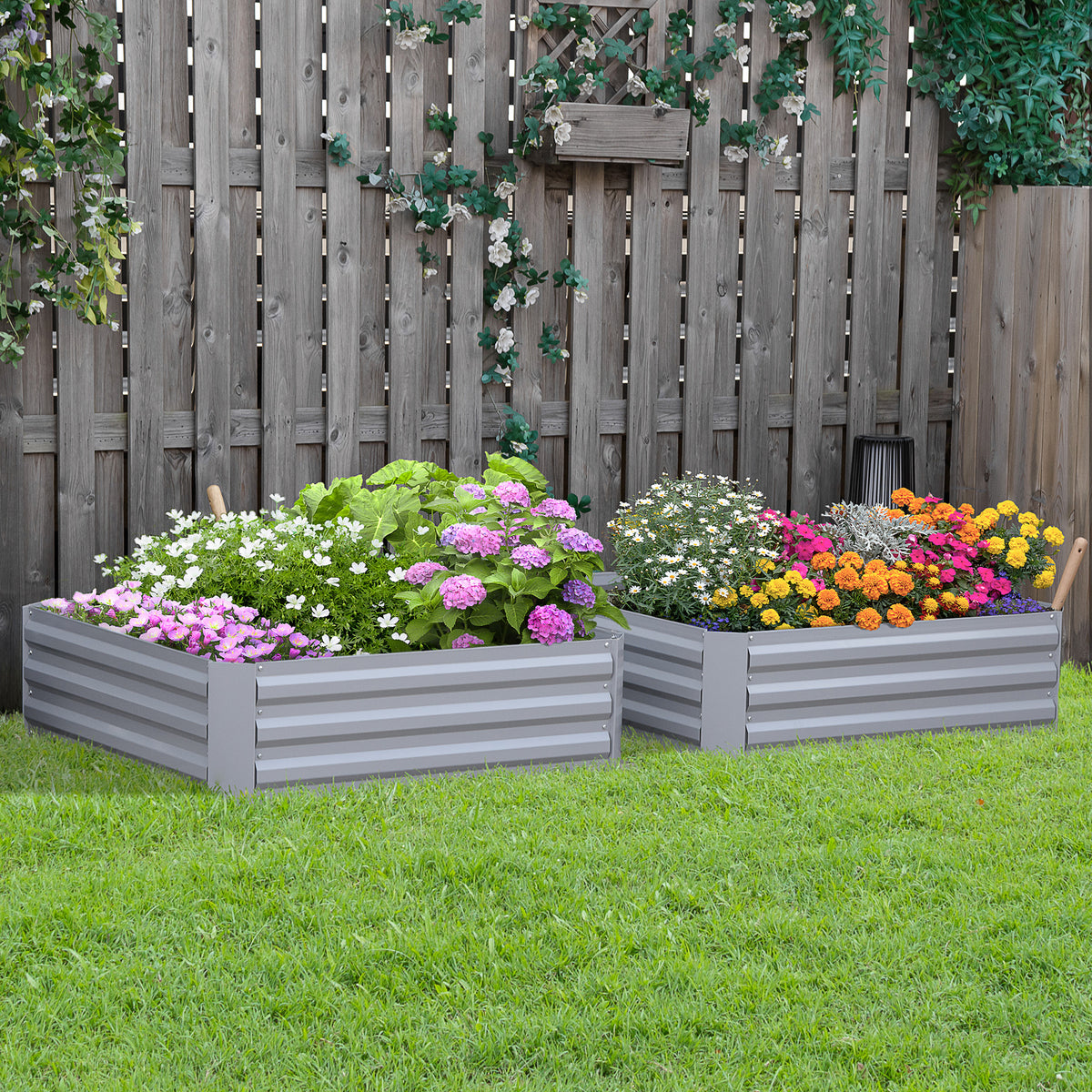 Outsunny 2 Piece Galvanized Raised Garden Bed, 3.3' X 3.3' X 1' Metal Planter Box, For Growing Vegetables, Flowers, Herbs, Succulents, Gray Grey Steel