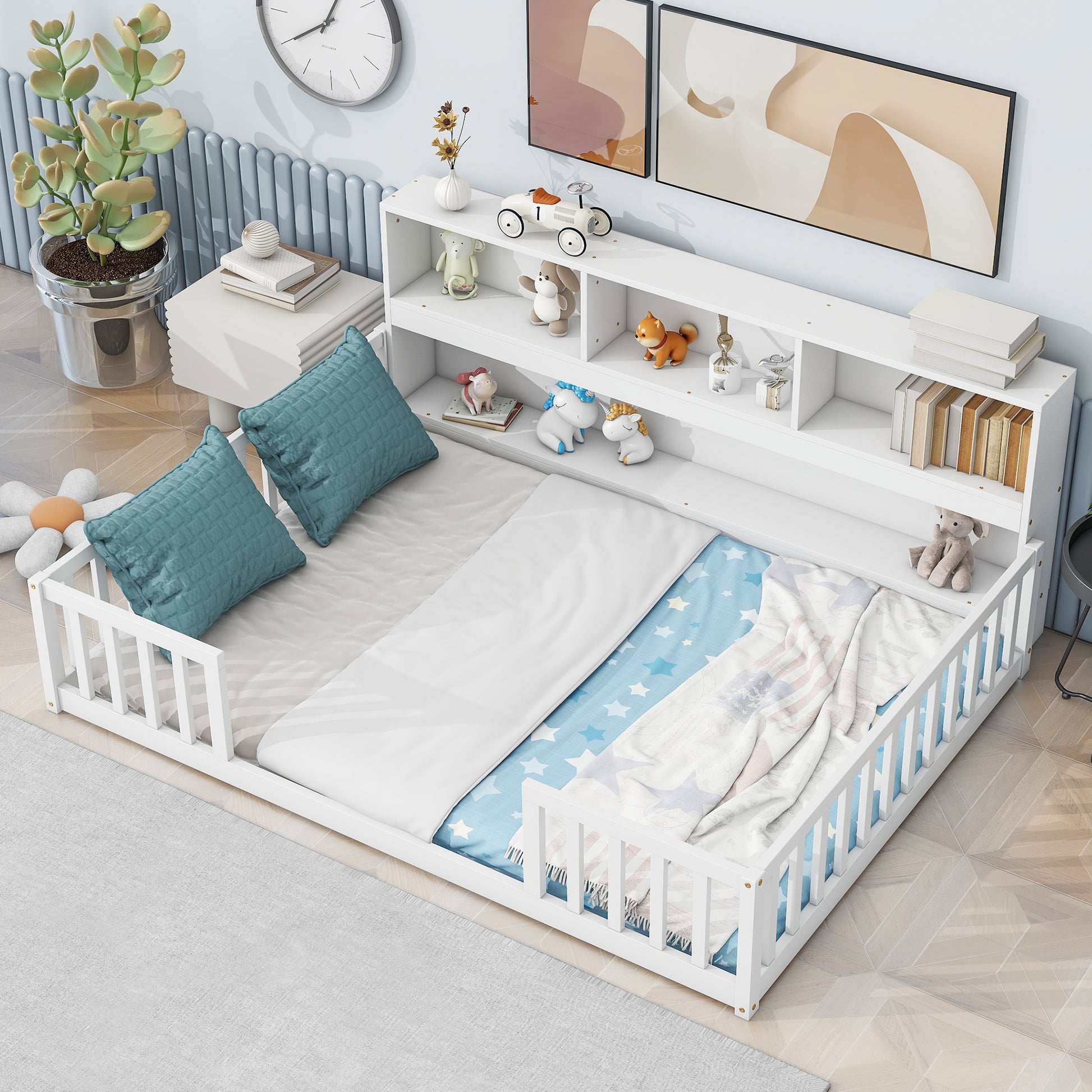 Full Floor Bed With Side Bookcase,Shelves,Guardrails,White Full White Bedroom American Design Pine
