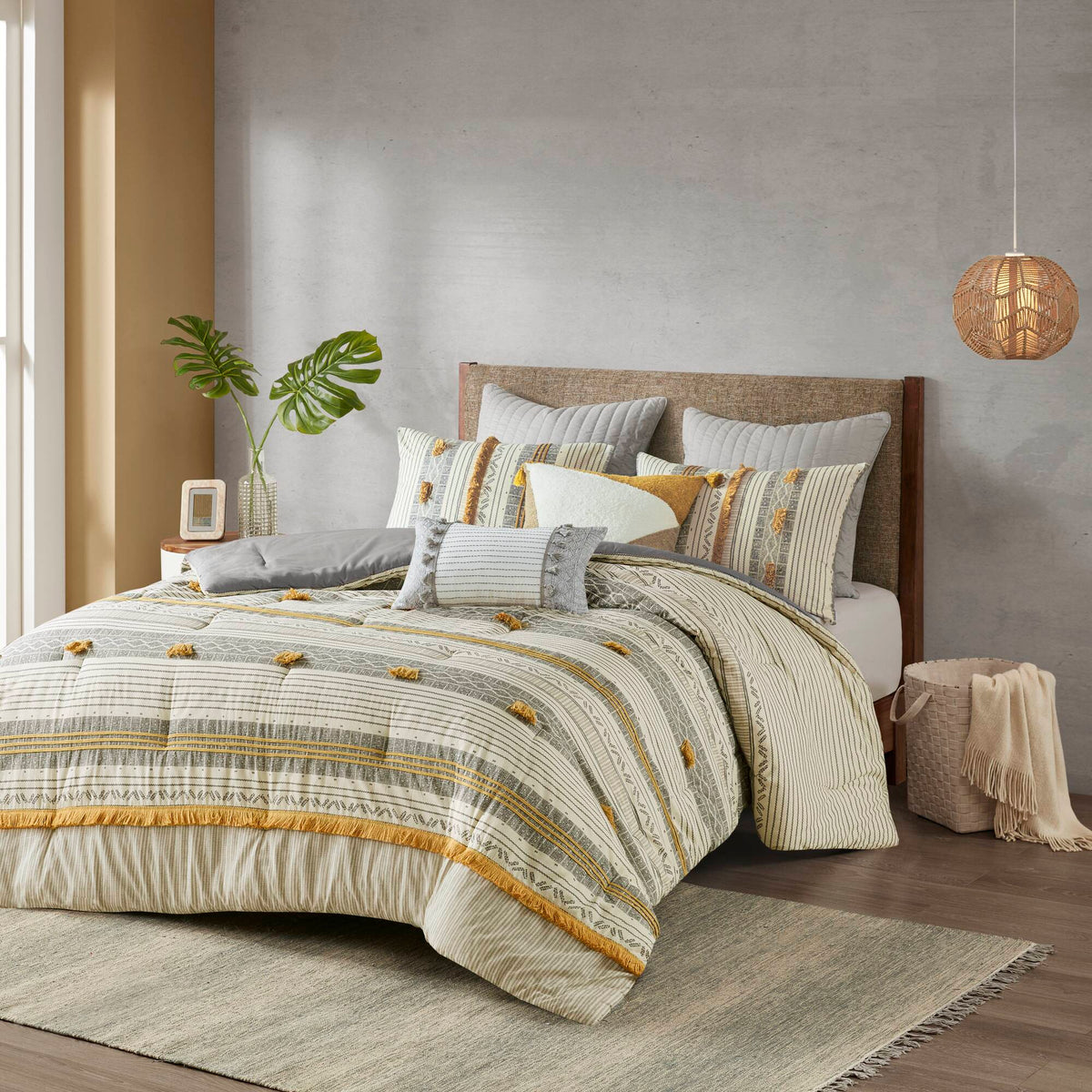 3 Piece Cotton Comforter Set Gray Yellow King Cal King King Gray Yellow Cotton