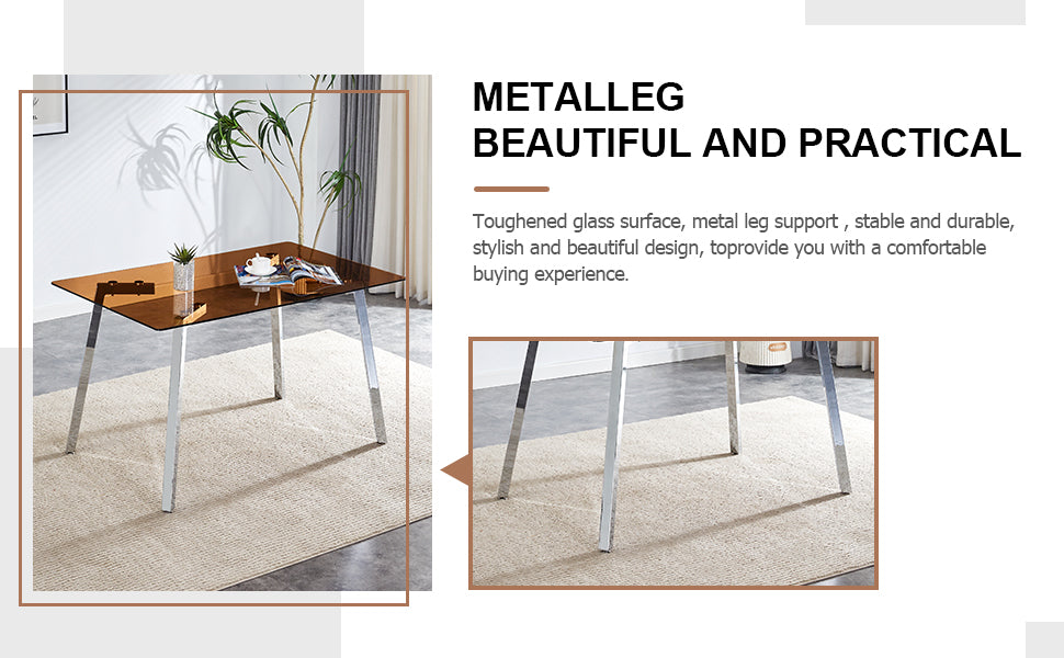 1 Table And 4 Chairs, Brown Tempered Glass Tabletop And Silver Metal Legs, Modern Minimalist Style Rectangular Glass Dining Table, Paired With 4 Modern Silver Metal Leg Chairs. 1123C 1162 Brown Seats 4 Glass