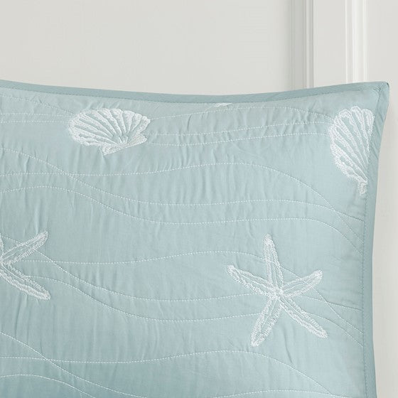 4 Piece Cotton Reversible Embroidered Quilt Set With Throw Pillow Aqua Full Queen Full Aqua Cotton