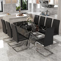 Table And Chair Set, Large Modern Minimalist Rectangular Dining Table, 0.39 Inch Black Imitation Marble Tabletop And Silver Metal Legs, Soft Leather Seats. F 1537 Silver Glass Metal