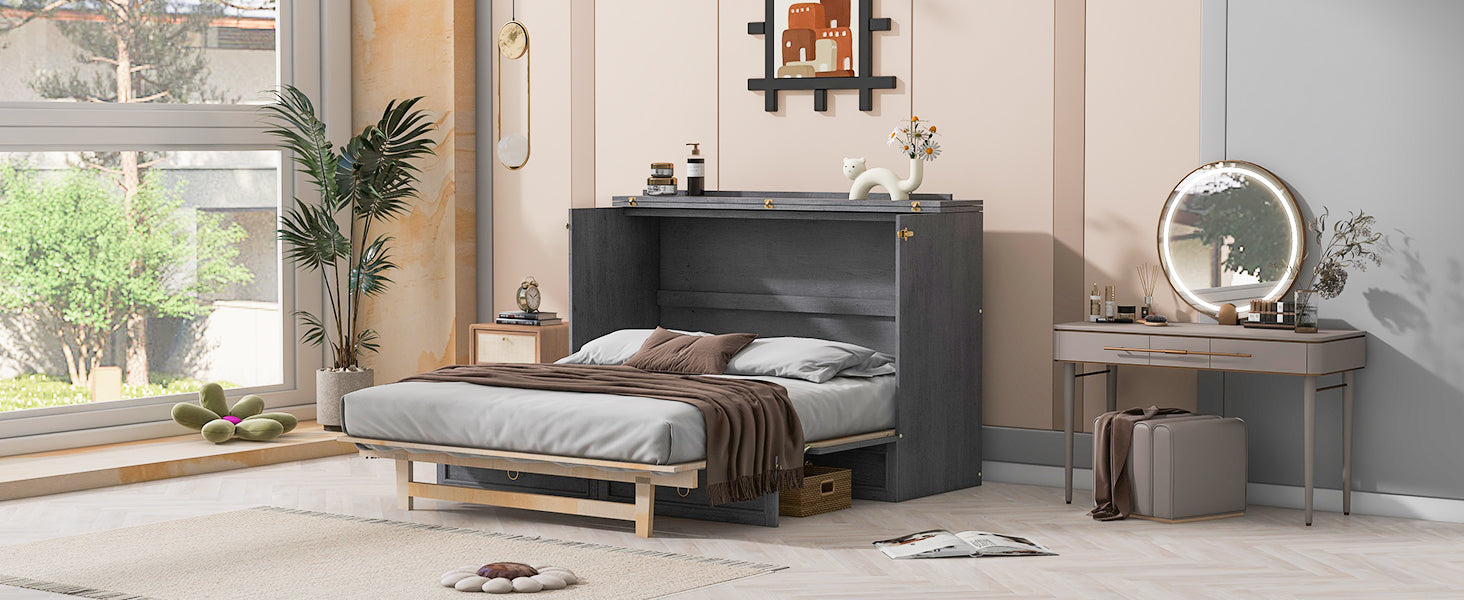 Queen Murphy Bed With Large Drawers,Gray Queen Gray Plywood
